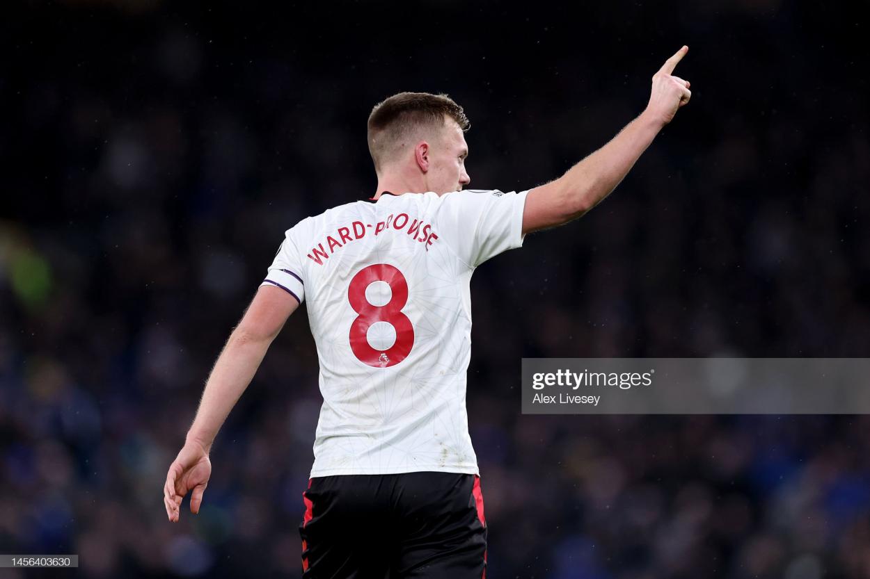 James Ward-Prowse celebrates after scoring against Everton. (Photo by Alex Livesey/Getty Images)