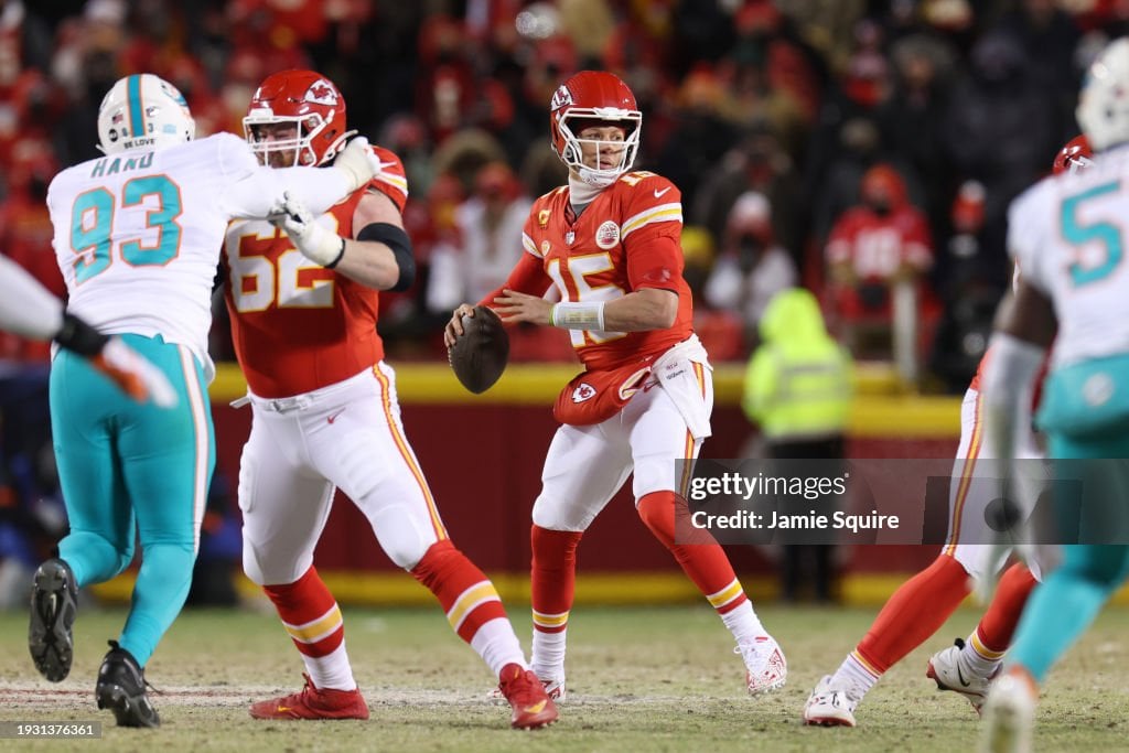 <strong><a  data-cke-saved-href='https://www.vavel.com/en-us/nfl/2023/11/21/1163735-nfl-kansas-city-chiefs-17-21-philadelphia-eagles.html' href='https://www.vavel.com/en-us/nfl/2023/11/21/1163735-nfl-kansas-city-chiefs-17-21-philadelphia-eagles.html'>Patrick Mahomes</a></strong> #15 of the <strong><a  data-cke-saved-href='https://www.vavel.com/en-us/nfl/2023/12/25/1166919-radiers-defensive-brilliance-sees-chiefs-crumble-on-christmas-day.html' href='https://www.vavel.com/en-us/nfl/2023/12/25/1166919-radiers-defensive-brilliance-sees-chiefs-crumble-on-christmas-day.html'><strong><a  data-cke-saved-href='https://www.vavel.com/en-us/nfl/2023/10/23/1160187-nfl-kansas-city-chiefs-31-17-los-angeles-chargers-mahomes-and-kelce-rock-arrowhead-stadium.html' href='https://www.vavel.com/en-us/nfl/2023/10/23/1160187-nfl-kansas-city-chiefs-31-17-los-angeles-chargers-mahomes-and-kelce-rock-arrowhead-stadium.html'>Kansas City</a></strong> Chiefs</a></strong> looks to pass during the second half against the <strong><a  data-cke-saved-href='https://www.vavel.com/en-us/nfl/2023/11/25/1164170-miami-dolphins-34-13-new-york-jets-tempers-flare-in-feisty-affair-as-fins-win.html' href='https://www.vavel.com/en-us/nfl/2023/11/25/1164170-miami-dolphins-34-13-new-york-jets-tempers-flare-in-feisty-affair-as-fins-win.html'>Miami Dolphins</a></strong> in the AFC Wild Card Playoffs at GEHA Field at Arrowhead Stadium on January 13, 2024 in <strong><a  data-cke-saved-href='https://www.vavel.com/en-us/nfl/2023/12/11/1165747-nfl-bills-20-17-chiefs-brilliant-bills-as-mahomes-sees-red-mist-with-kc-losing-by-three.html' href='https://www.vavel.com/en-us/nfl/2023/12/11/1165747-nfl-bills-20-17-chiefs-brilliant-bills-as-mahomes-sees-red-mist-with-kc-losing-by-three.html'>Kansas City</a></strong>, Missouri. (Photo by Jamie Squire/Getty Images)