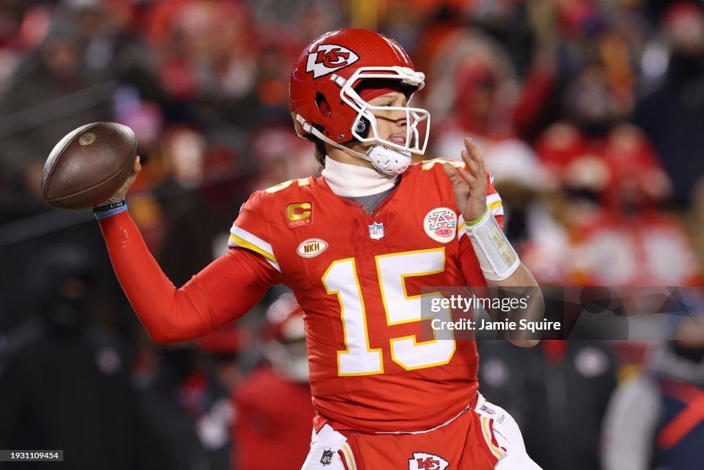 Patrick Mahomes #15 of the Kansas City Chiefs throws a pass during the first half against the Miami Dolphins in the AFC Wild Card Playoffs at GEHA Field at Arrowhead Stadium on January 13, 2024 in Kansas City, Missouri. (Photo by Jamie Squire/Getty Images)