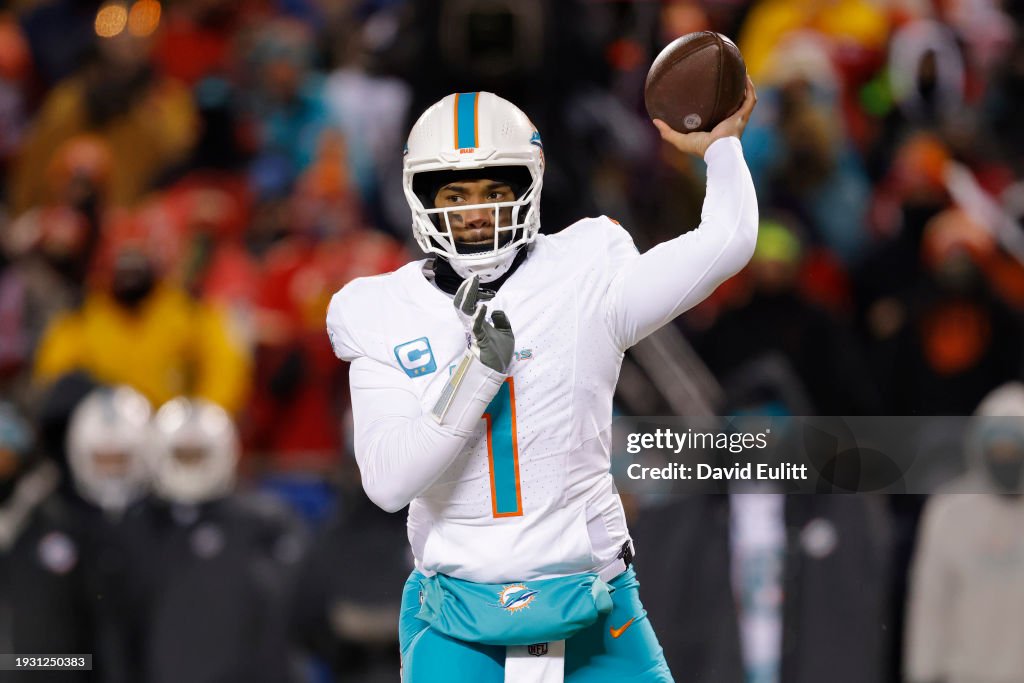 Tua Tagovailoa #1 of the Miami Dolphins throws a pass during the first half against the Kansas City Chiefs in the AFC Wild Card Playoffs at GEHA Field at Arrowhead Stadium on January 13, 2024 in Kansas City, Missouri. (Photo by David Eulitt/Getty Images)