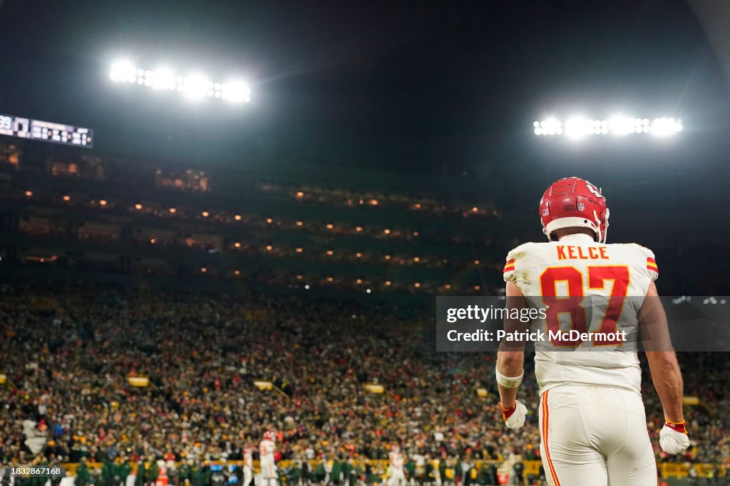Travis Kelce #87 of the Kansas City Chiefs looks on in the first half against the Green Bay Packers at Lambeau Field on December 03, 2023 in Green Bay, Wisconsin. (Photo by Patrick McDermott/Getty Images)