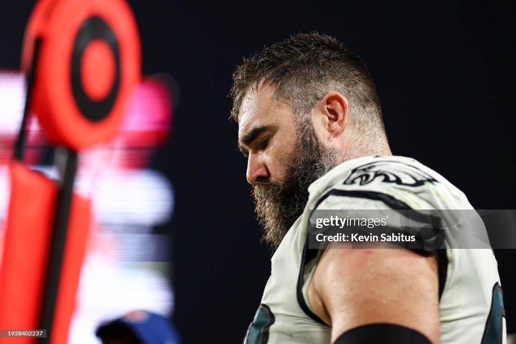 Jason Kelce #62 of the Philadelphia Eagles stands on the sidelines during the fourth quarter of an NFL wild-card playoff football game against the Tampa Bay Buccaneers at Raymond James Stadium on January 15, 2024 in Tampa, Florida. (Photo by Kevin Sabitus/Getty Images)
