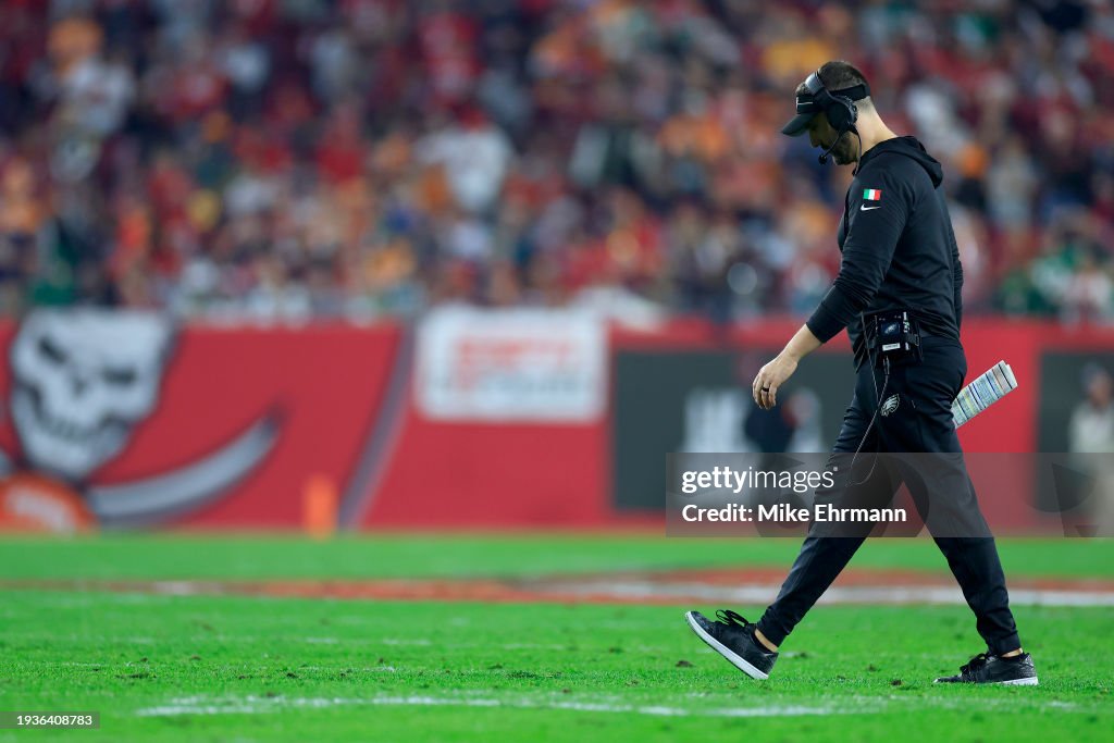  Head coach Nick Sirianni of the Philadelphia Eagles walks on the field against the Tampa Bay Buccaneers during the fourth quarter in the NFC Wild Card Playoffs at Raymond James Stadium on January 15, 2024 in Tampa, Florida. (Photo by Mike Ehrmann/Getty Images)