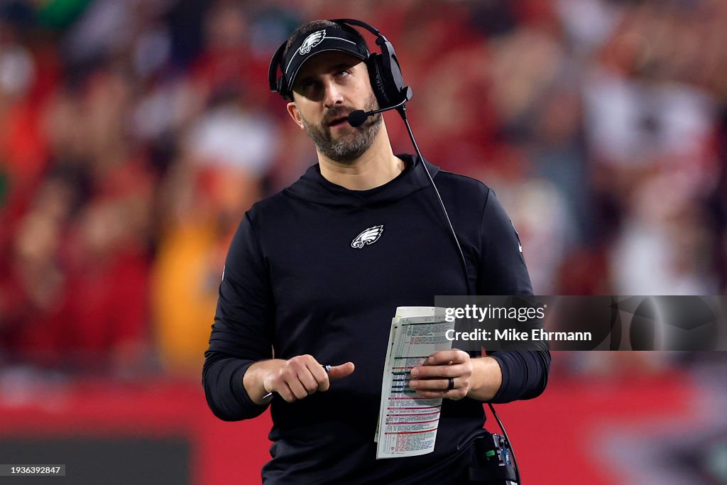 Head coach Nick Sirianni of the Philadelphia Eagles reacts against the Tampa Bay Buccaneers during the fourth quarter in the NFC Wild Card Playoffs at Raymond James Stadium on January 15, 2024 in Tampa, Florida. (Photo by Mike Ehrmann/Getty Images)