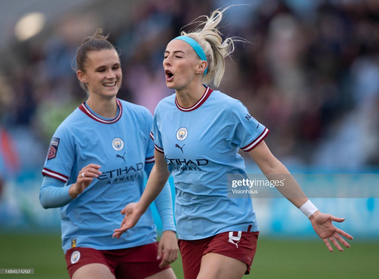 Chloe Kelly of Manchester City celebrates scoring her second goal with team mate Kerstin Casparij during the FA Women's Super League match between Manchester City and West Ham United at The Academy Stadium on April 23, 2023 in Manchester, United Kingdom. (Photo by Joe Prior/Visionhaus via Getty Images)