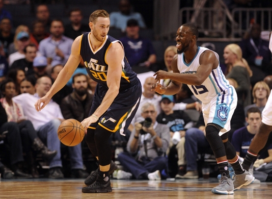 Kemba Walker defends Gordon Hayward in Charlotte Wednesday. PHOTO: Sam Sharpe/USA Today