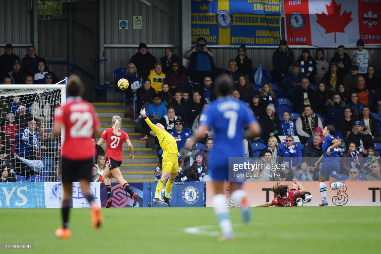 Sam Kerr of Chelsea scores the team's first goal during the FA Women's Super League match between Chelsea and <strong><a  data-cke-saved-href='https://www.vavel.com/en/football/2022/08/29/chelsea-fc/1121431-thomas-tuchel-expecting-a-physical-game-against-southampton.html' href='https://www.vavel.com/en/football/2022/08/29/chelsea-fc/1121431-thomas-tuchel-expecting-a-physical-game-against-southampton.html'>Manchester United</a></strong> at Kingsmeadow in Kingston upon Thames, England. (Photo by Tom Dulat - The FA/The FA via Getty Images)
