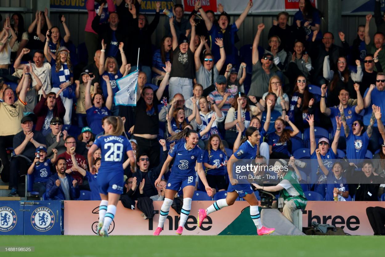Sam Kerr of Chelsea celebrates with teammate Johanna Rytting Kaneryd after scoring the team's second goal during the FA Women's Super League match between Chelsea and Everton FC at Kingsmeadow on May 07, 2023 in Kingston upon Thames, England. (Photo by Tom Dulat - The FA/The FA via Getty Images)
