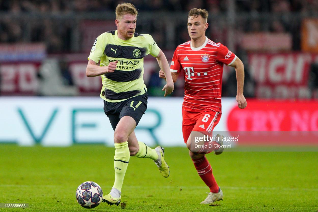 Kevin De Bruyne during the UEFA Champions League quarter-final against <strong><a  data-cke-saved-href='https://www.vavel.com/en/international-football/2023/04/19/germany-bundesliga/1144297-augsburg-vs-stuttgart-bundesliga-preview-gameweek-29-2023.html' href='https://www.vavel.com/en/international-football/2023/04/19/germany-bundesliga/1144297-augsburg-vs-stuttgart-bundesliga-preview-gameweek-29-2023.html'>Bayern Munich</a></strong> on April 19, 2023. (Photo by Danilo Di Giovanni/Getty Images)
