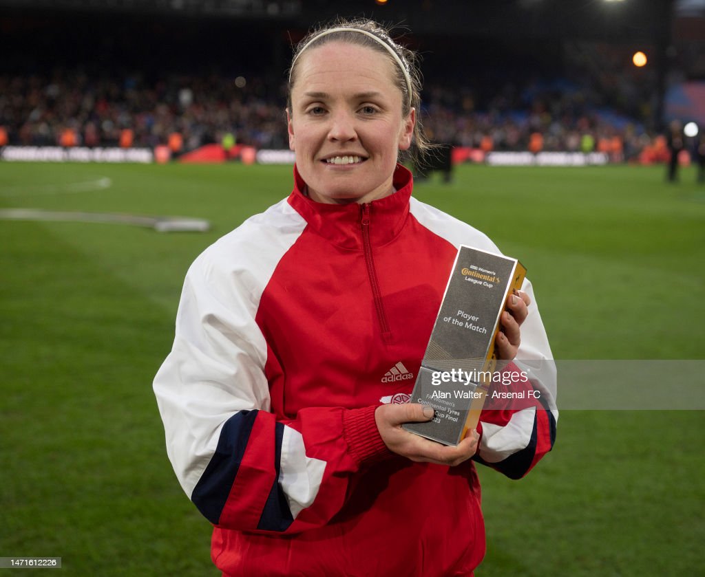 Kim Little of Arsenal with her Player of the Match award after the FA Women's Continental Tyres League Cup Final match between Chelsea and Arsenal at Selhurst Park on March 05, 2023 in London, England. (Photo by Alan Walter - Arsenal FC/Arsenal FC via Getty Images)