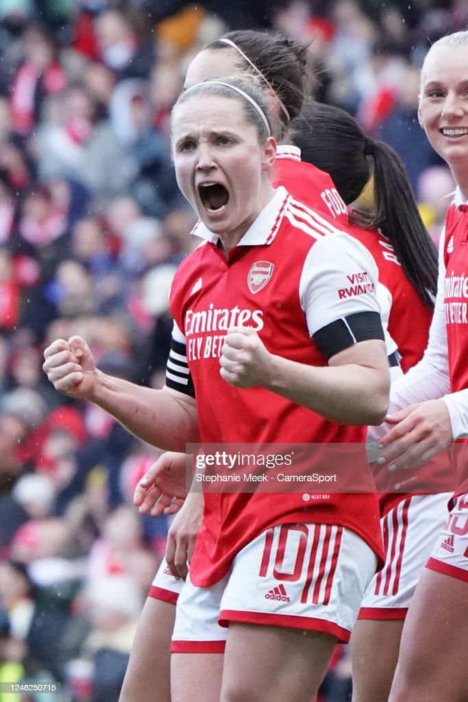 Arsenal Women's Kim Little celebrates scoring her side's first goal during the FA Women's Super League match between Arsenal and Chelsea at Emirates Stadium on January 15, 2023 in London, United Kingdom. (Photo by Stephanie Meek - CameraSport via Getty Images)