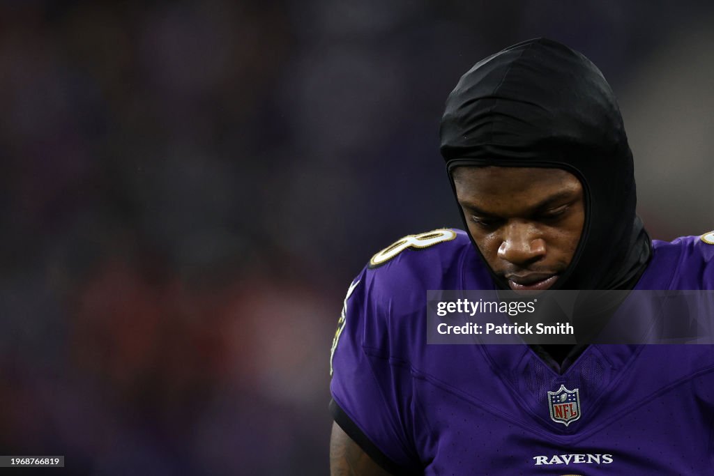  Lamar Jackson #8 of the Baltimore Ravens reacts during the fourth quarter against the Kansas City Chiefs in the AFC Championship Game at M&T Bank Stadium on January 28, 2024 in Baltimore, Maryland. (Photo by Patrick Smith/Getty Images)
