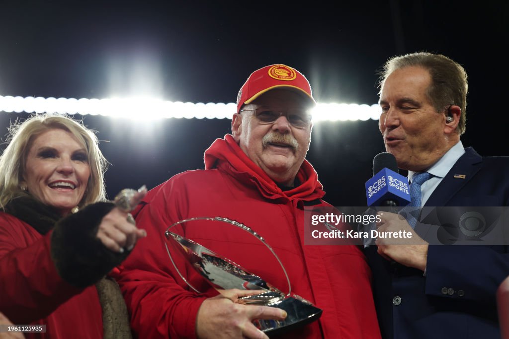 Head coach <strong><a  data-cke-saved-href='https://www.vavel.com/en-us/nfl/2023/09/24/1157130-nfl-kansas-city-chiefs-continue-to-shake-it-off-with-win-over-the-chicago-bears.html' href='https://www.vavel.com/en-us/nfl/2023/09/24/1157130-nfl-kansas-city-chiefs-continue-to-shake-it-off-with-win-over-the-chicago-bears.html'>Andy Reid</a></strong> of the <strong><a  data-cke-saved-href='https://www.vavel.com/en-us/nfl/2023/12/25/1166919-radiers-defensive-brilliance-sees-chiefs-crumble-on-christmas-day.html' href='https://www.vavel.com/en-us/nfl/2023/12/25/1166919-radiers-defensive-brilliance-sees-chiefs-crumble-on-christmas-day.html'>Kansas City</a></strong> Chiefs celebrates after the AFC championship game against the Baltimore Ravens at M&T Bank Stadium on January 28, 2024 in Baltimore, Maryland. (Photo by Kara Durrette/Getty Images)
