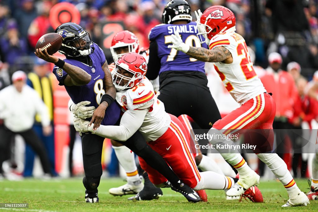  <strong><a  data-cke-saved-href='https://www.vavel.com/en-us/nfl/2024/01/28/1170321-baltimoreravens-vs-kansas-city-chiefs-can-the-ravens-end-the-years-of-chiefs-dominance.html' href='https://www.vavel.com/en-us/nfl/2024/01/28/1170321-baltimoreravens-vs-kansas-city-chiefs-can-the-ravens-end-the-years-of-chiefs-dominance.html'>Lamar Jackson</a></strong> #8 of the Baltimore Ravens is tackled by <strong><a  data-cke-saved-href='https://www.vavel.com/en-us/nfl/2023/09/17/1156346-nfl-chiefs-back-on-track-with-win-over-jaguars.html' href='https://www.vavel.com/en-us/nfl/2023/09/17/1156346-nfl-chiefs-back-on-track-with-win-over-jaguars.html'>Chris Jones</a></strong> #95 of the Kansas City Chiefs during the first half of the AFC Championship game at M&T Bank Stadium on January 28, 2024 in Baltimore, Maryland. (Photo by Kathryn Riley/Getty Images)