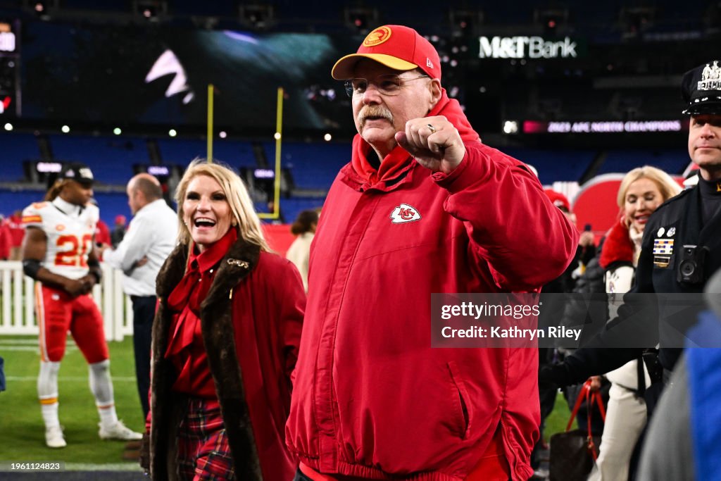 Andy Reid, head coach of the Kansas City Chiefs walks off the field following the AFC Championship game against the Baltimore Ravens at M&T Bank Stadium on January 28, 2024 in Baltimore, Maryland. (Photo by Kathryn Riley/Getty Images)
