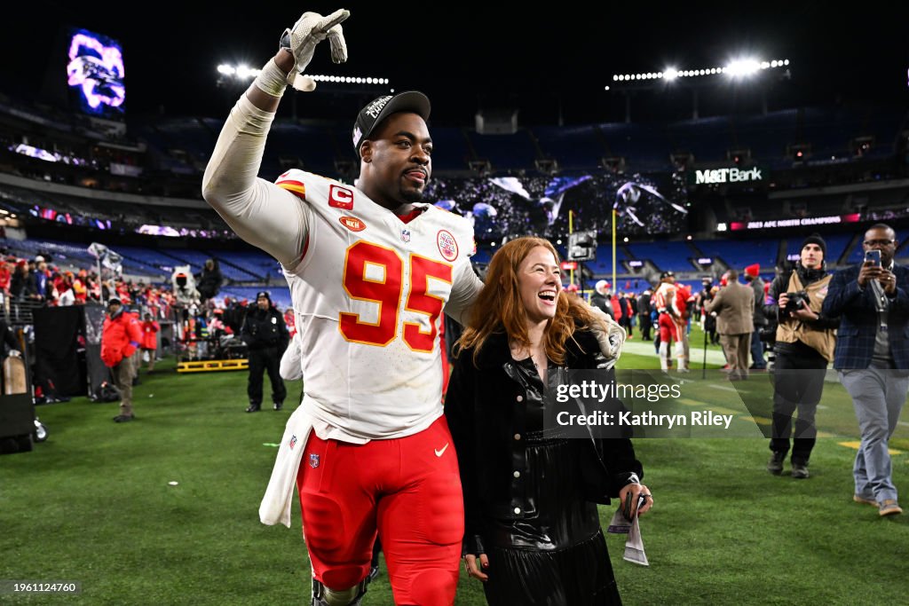 Chris Jones #95 of the Kansas City Chiefs walks off the field following the AFC Championship game against the Baltimore Ravens at M&T Bank Stadium on January 28, 2024 in Baltimore, Maryland. (Photo by Kathryn Riley/Getty Images)