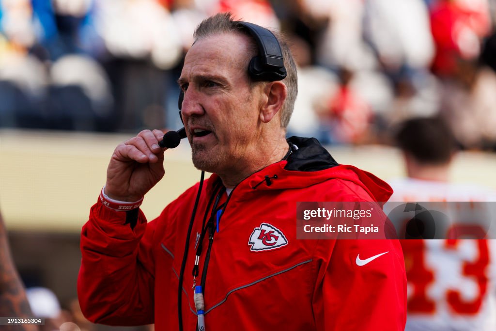 Kansas City Chiefs defensive coordinator Steve Spagnuolo on the sideline during a game against the Los Angeles Chargers at SoFi Stadium on January 7, 2024 in Inglewood, California. (Photo by Ric Tapia/Getty Images)
