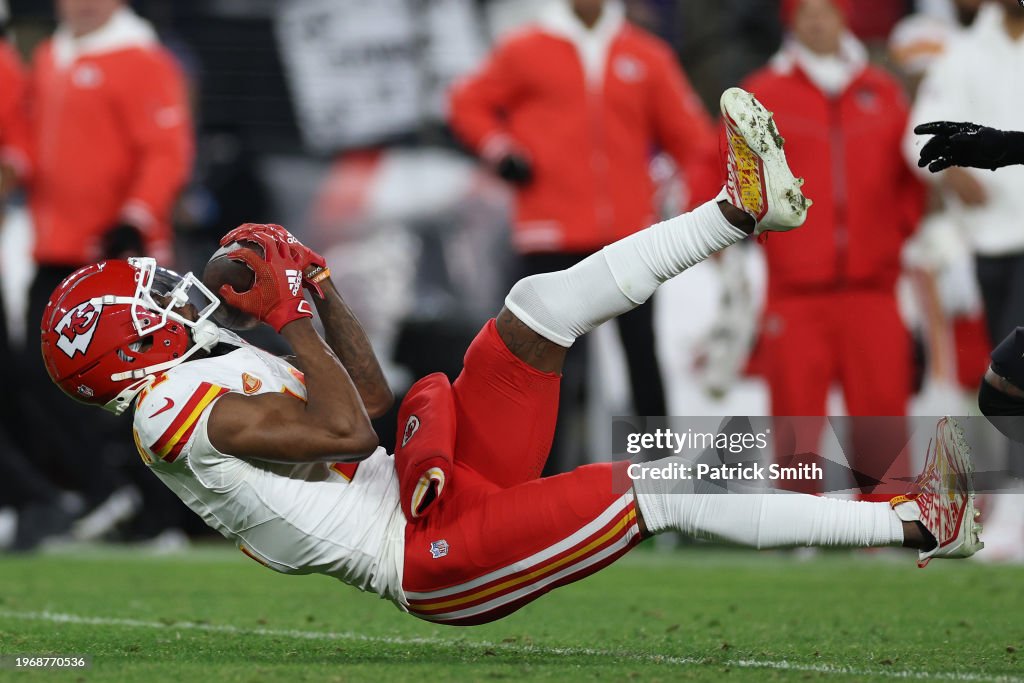 Marquez Valdes-Scantling #11 of the Kansas City Chiefs makes a catch against the Baltimore Ravens during the fourth quarter of the AFC Championship Game at M&T Bank Stadium on January 28, 2024 in Baltimore, Maryland. (Photo by Patrick Smith/Getty Images)