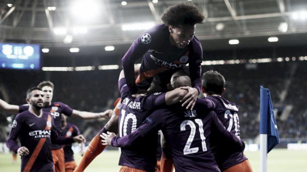 Los jugadores del City celebran el gol de Silva frente al Hoffenheim | Fuente: Manchester City