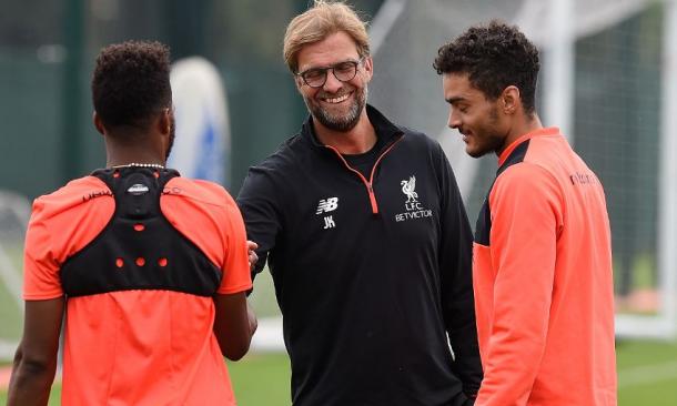 Sturridge and Klopp are all smiles in training at Melwood on Thursday. (Picture: Liverpool FC)