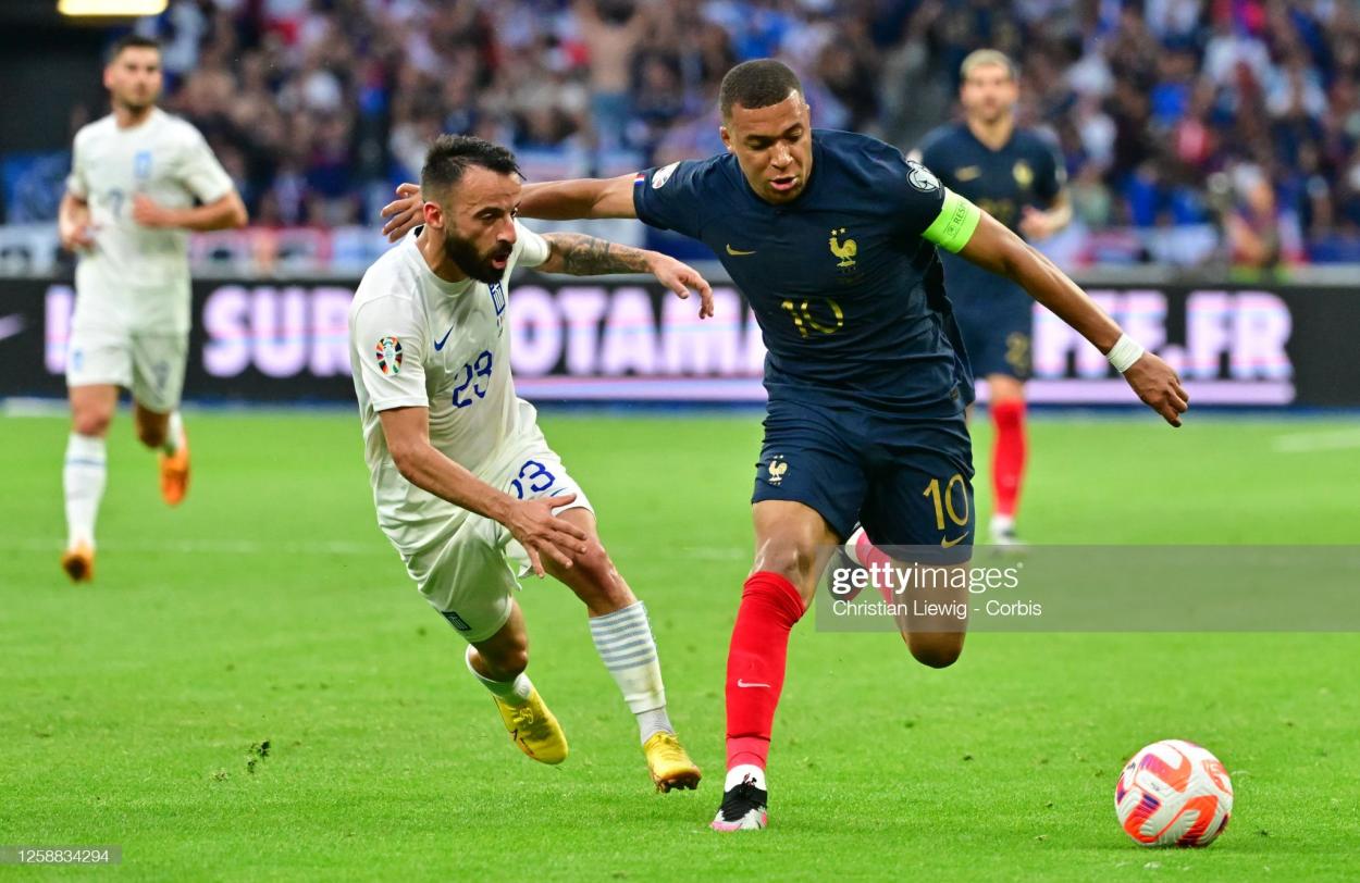Kylian Mbappe in action for France in a Euro 2024 Qualifier against Greece. (Photo by Christian Liewig-Corbis/Getty Images)