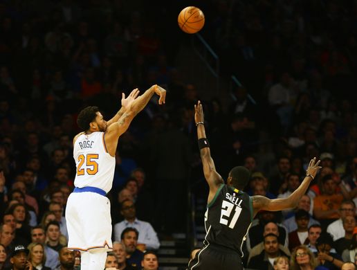 New York Knicks guard Derrick Rose(25) shoots over Milwaukee Bucks guard Toney Snell (21). Photo Courtesy of  Andy Marlin-USA TODAY Sports.