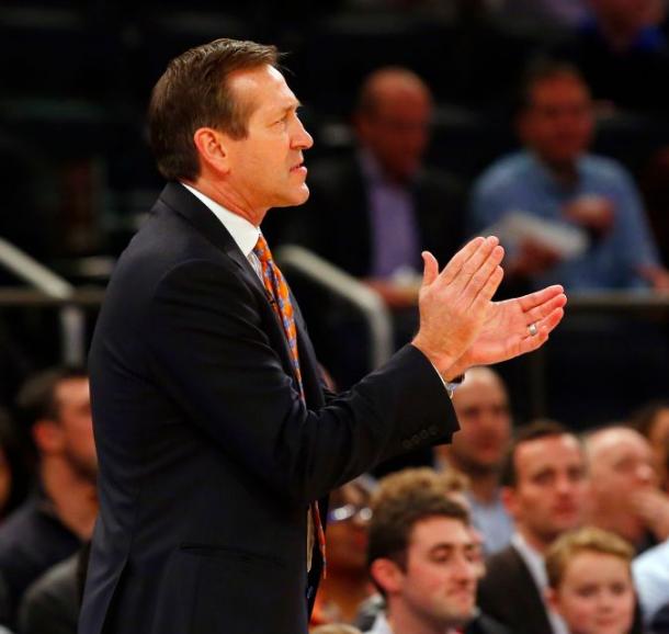 New York Knicks Coach Jeff Hornacek appulads his team for the sidelines. Photo Credit: Jim McIsaac/newsday.