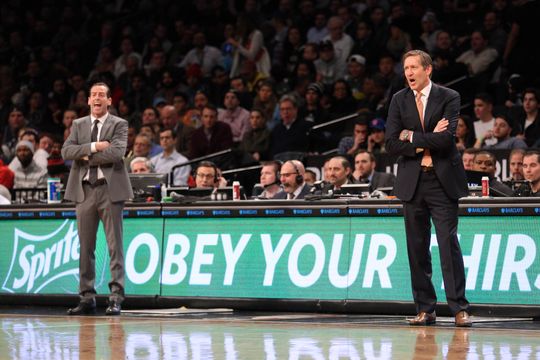 Brooklyn Nets head coach Kenny Atkinson (left) and New York Knicks head coach Jeff Hornacek (right) look on from the sidelines. Photo courtesy of  Brad Penner-USA TODAY Sports. 