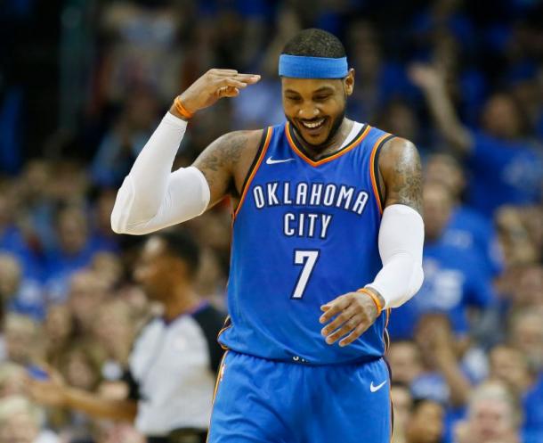 Oklahoma city Thunder SF Carmelo Anthony celebrating during the game. Photo: AP/Sue Ogrocki 