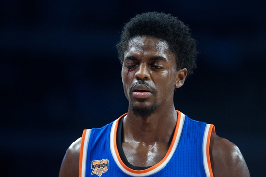 New York Knicks' guard Justin Holiday after getting a elbow to the eye. Photo Courtesy of Tim Fuller-USA TODAY Sports