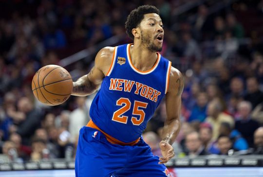 New York Knicks guard Derrick Rose controls the ball. Photo Courtesy of Bill Streicher-USA TODAY Sports. 