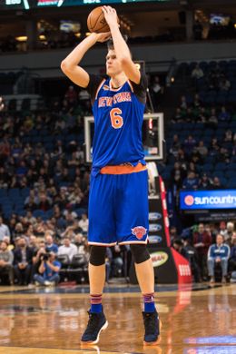 New York Knicks Forward Kristaps Porzingis attempts a field goal. Photo Courtesy of Brace Hemmelgarn-USA TODAY Sports. 