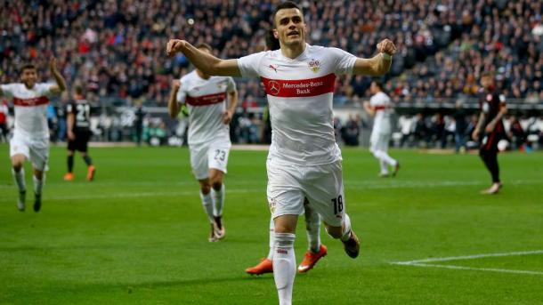 Kostic celebrating a goal last season.