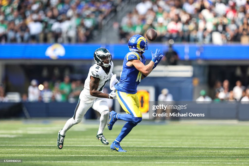 Cooper Kupp #10 of the Los Angeles Rams completes a pass against Darius Slay #2 of the Philadelphia Eagles during an NFL football game between the Los Angeles Rams and the Philadelphia Eagles at SoFi Stadium on October 08, 2023 in Inglewood, California. (Photo by Michael Owens/Getty Images)