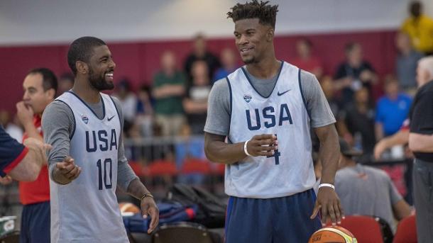 USA guard Kyrie Irving (10) and guard Jimmy Butler (4) talk during a USA basketball practice. |Joshua Dahl-USA TODAY Sports|