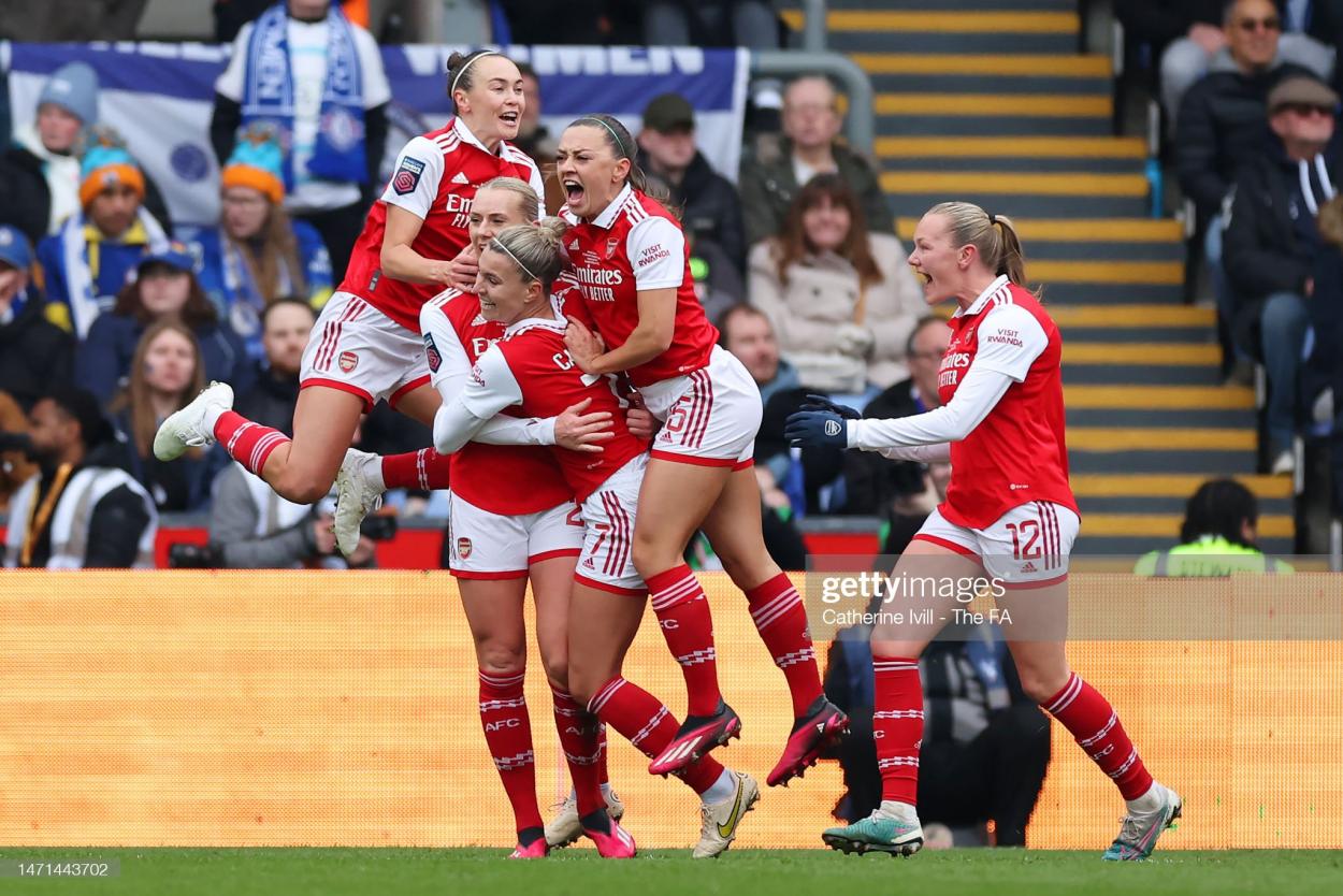 The Arsenal women celebrate after equalsiing. (Photo by Catherine Ivill - The FA/The FA via Getty Images)
