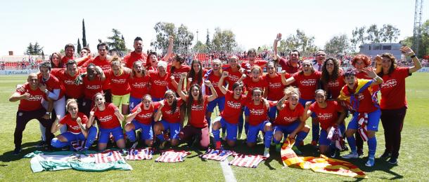 Las jugadoras del Atlético de Madrid celebrando la victoria que les otorga el campeonato. Foto: Atlético de Madrid