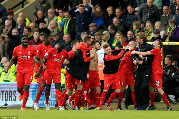 Liverpool celebrate their winning goal against Norwich (photo: Getty)