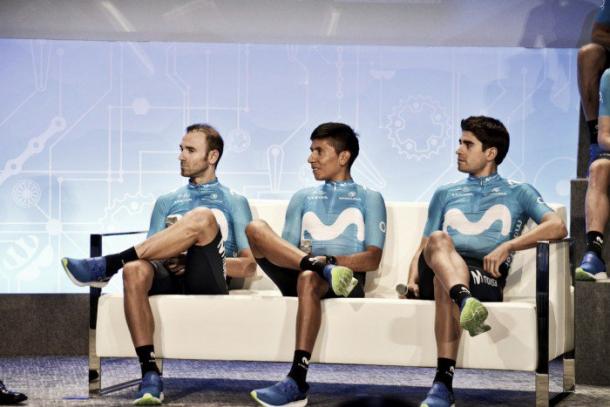 Valverde, Quintana y Landa en la presentación del Movistar Team 2018. / Foto: Movistar Team