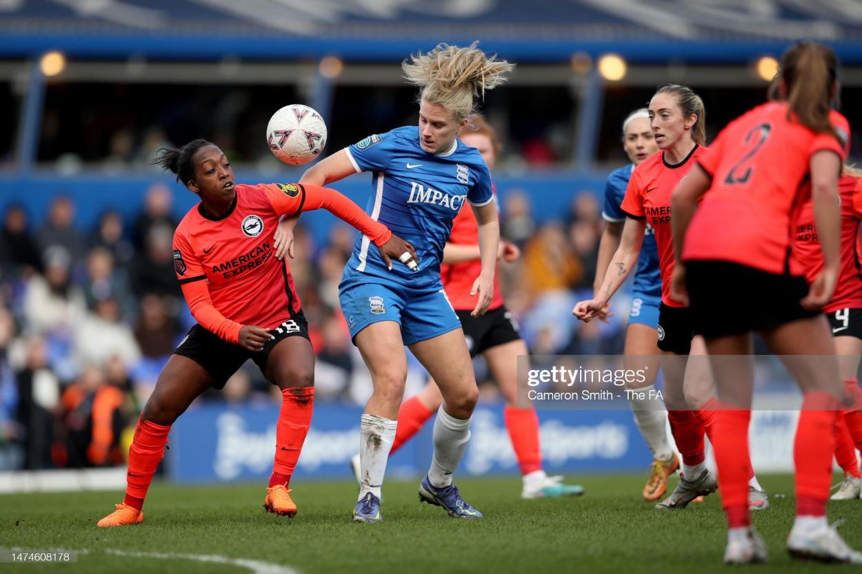 Danielle Carter of Brighton & Hove Albion and Gemma Lawley of Birmingham City battle for the ball during the Vitality Women's FA Cup match between Birmingham City and Brighton & Hove Albion at St Andrew's Trillion Trophy Stadium on March 19, 2023 in Birmingham, England. (Photo by Cameron Smith - The FA/The FA via Getty Images)