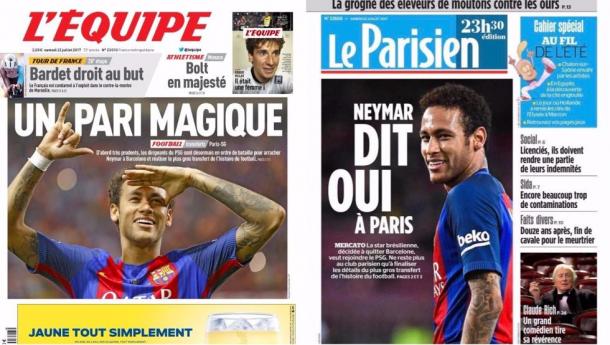 En la imagen,la portada hoy en diferentes medios de comunicación franceses, en la cual aparece Neymar