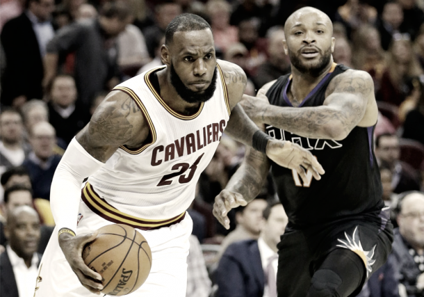 PJ Tucker trying to check Lebron James earlier this year- Raptors will be expecting more of this in May/June. AP Photo/Tony Dejak