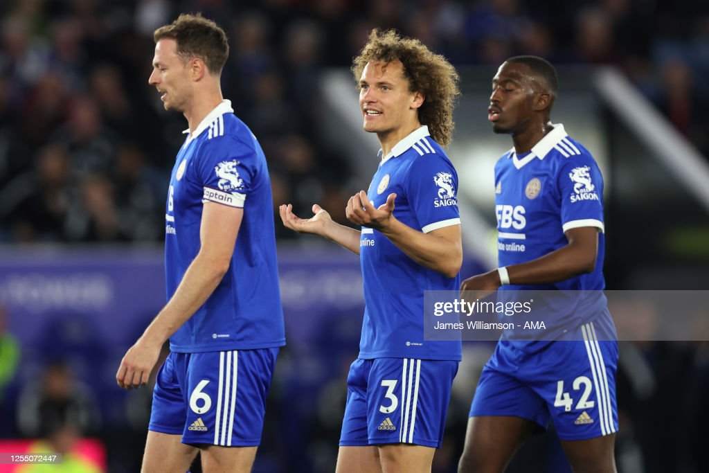 LEICESTER, ENGLAND - MAY 15: Jonny Evans Wout Faes and Boubakary Soumare of <strong><a  data-cke-saved-href='https://www.vavel.com/en/football/2023/05/09/womens-football/1146262-chelsea-v-leicester-city-womens-super-league-preview-gameweek-20-2023.html' href='https://www.vavel.com/en/football/2023/05/09/womens-football/1146262-chelsea-v-leicester-city-womens-super-league-preview-gameweek-20-2023.html'>Leicester City</a></strong> during the <strong><a  data-cke-saved-href='https://www.vavel.com/en/football/2023/05/14/premier-league/1146767-guardiola-praises-clever-gundogan-with-city-one-win-away-from-title.html' href='https://www.vavel.com/en/football/2023/05/14/premier-league/1146767-guardiola-praises-clever-gundogan-with-city-one-win-away-from-title.html'>Premier League</a></strong> match between <strong><a  data-cke-saved-href='https://www.vavel.com/en/football/2023/05/09/womens-football/1146262-chelsea-v-leicester-city-womens-super-league-preview-gameweek-20-2023.html' href='https://www.vavel.com/en/football/2023/05/09/womens-football/1146262-chelsea-v-leicester-city-womens-super-league-preview-gameweek-20-2023.html'>Leicester City</a></strong> and Liverpool FC at The King Power Stadium on May 15, 2023 in Leicester, United Kingdom. (Photo by James Williamson - AMA/Getty Images)