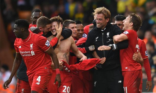 Klopp and co. celebrate the late winner from Lallana. (Picture: Getty Images)