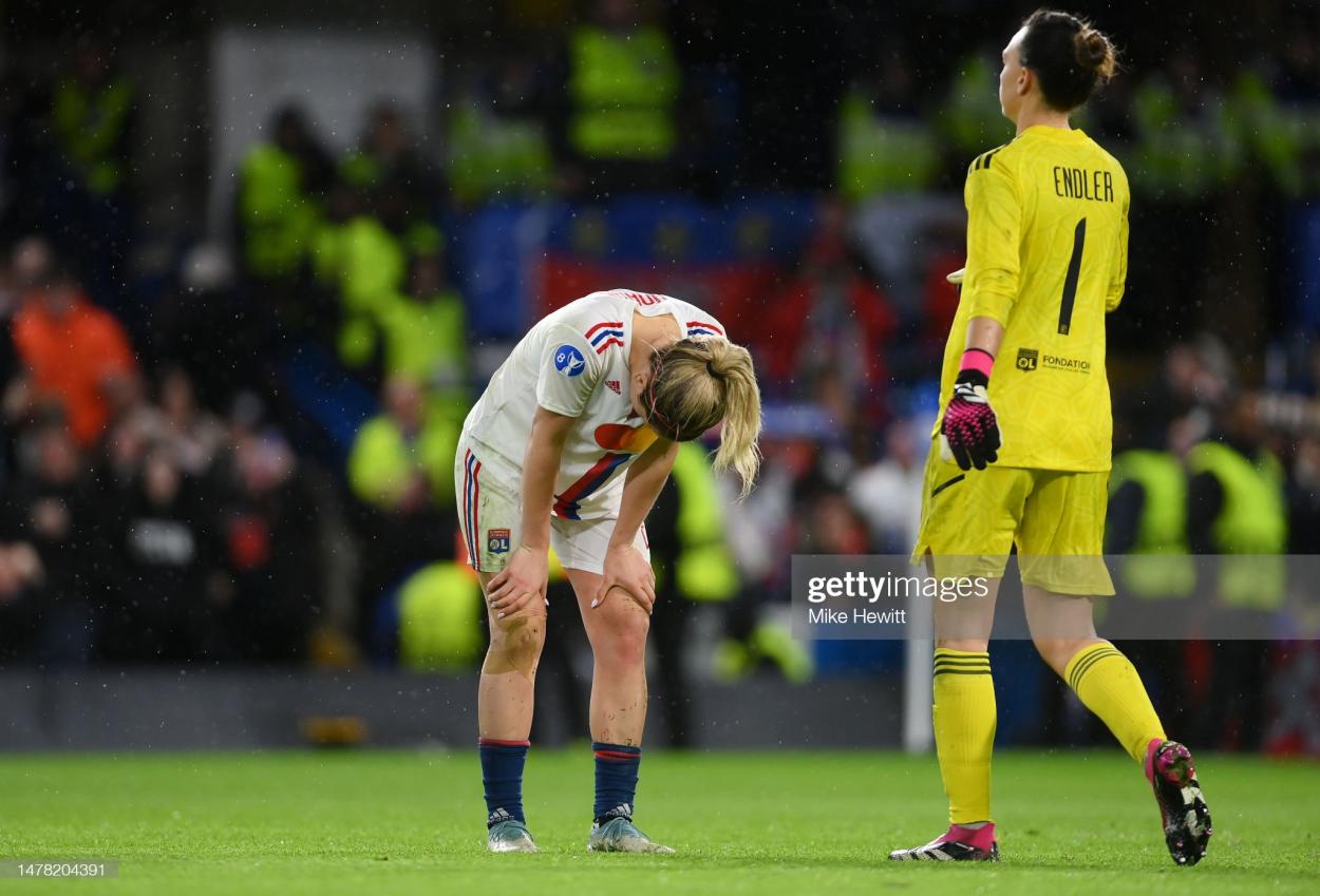 Lindsey Horan of Olympique Lyonnais reacts after missing the team's fifth penalty in the shootout during the UEFA Women's Champions League quarter-final 2nd leg match between Chelsea FC and Olympique Lyonnais at Stamford Bridge on March 30, 2023 in London, England. (Photo by Mike Hewitt/Getty Images)