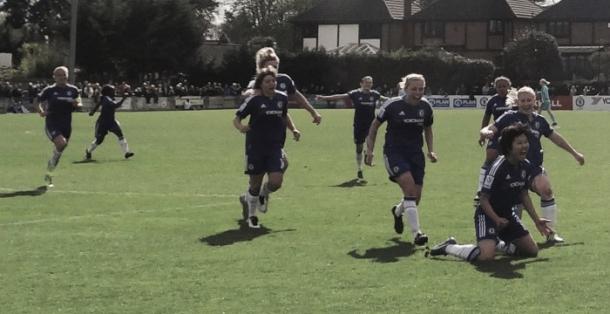 Chelsea celebrate as Ji takes things to extra-time against City. (Photo: Sophie Lawson)