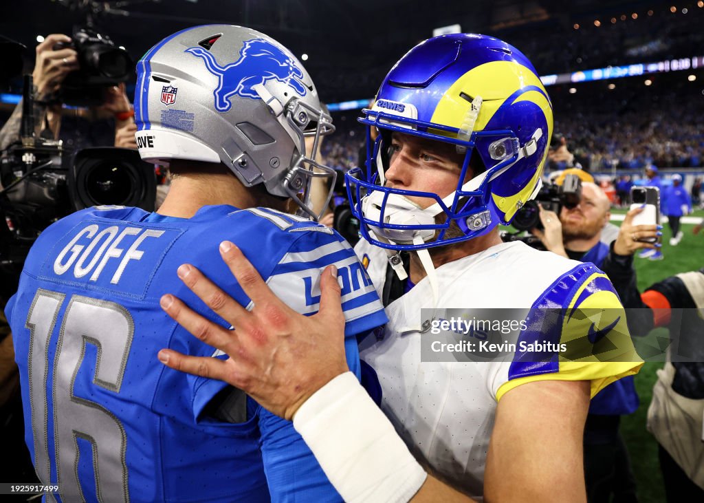 Jared Goff #16 of the Detroit Lions shakes hands with Matthew Stafford #9 of the Los Angeles Rams after an NFL wild-card playoff football game at Ford Field on January 14, 2024 in Detroit, Michigan. (Photo by Kevin Sabitus/Getty Images)