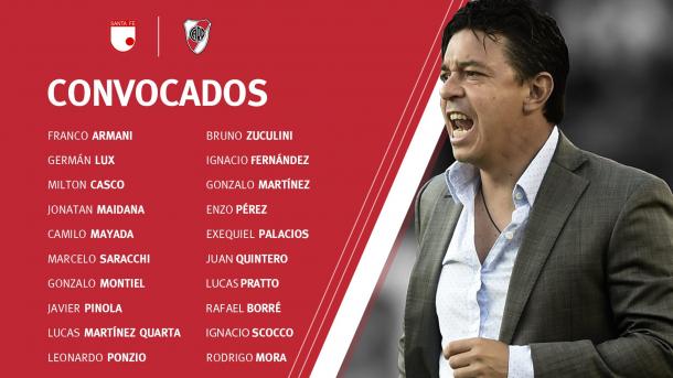 Los convocados por el Muñeco Gallardo para jugar ante Santa Fé. Foto: River Oficial.