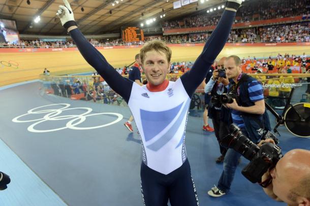 Jason Kenny celebrates after winning gold medals in the team and individual sprint at London 2012. | Photo: Getty Images