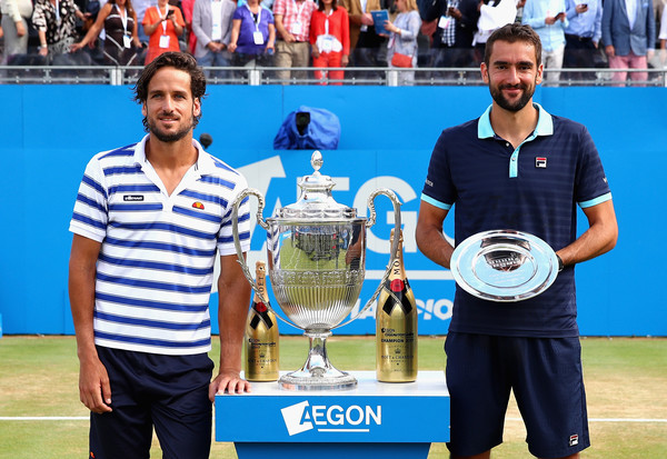 Cilic (right) squandered a match point against Lopez (left) in the final at the Queen's Club (Photo by Clive Brunskill / Getty)